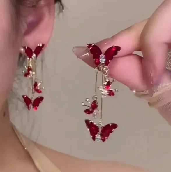 Elegant Red Long Butterfly Earrings