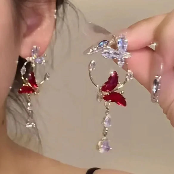 Elegant Red Long Butterfly Earrings