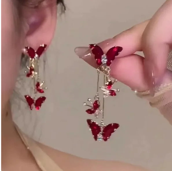 Elegant Red Long Butterfly Earrings