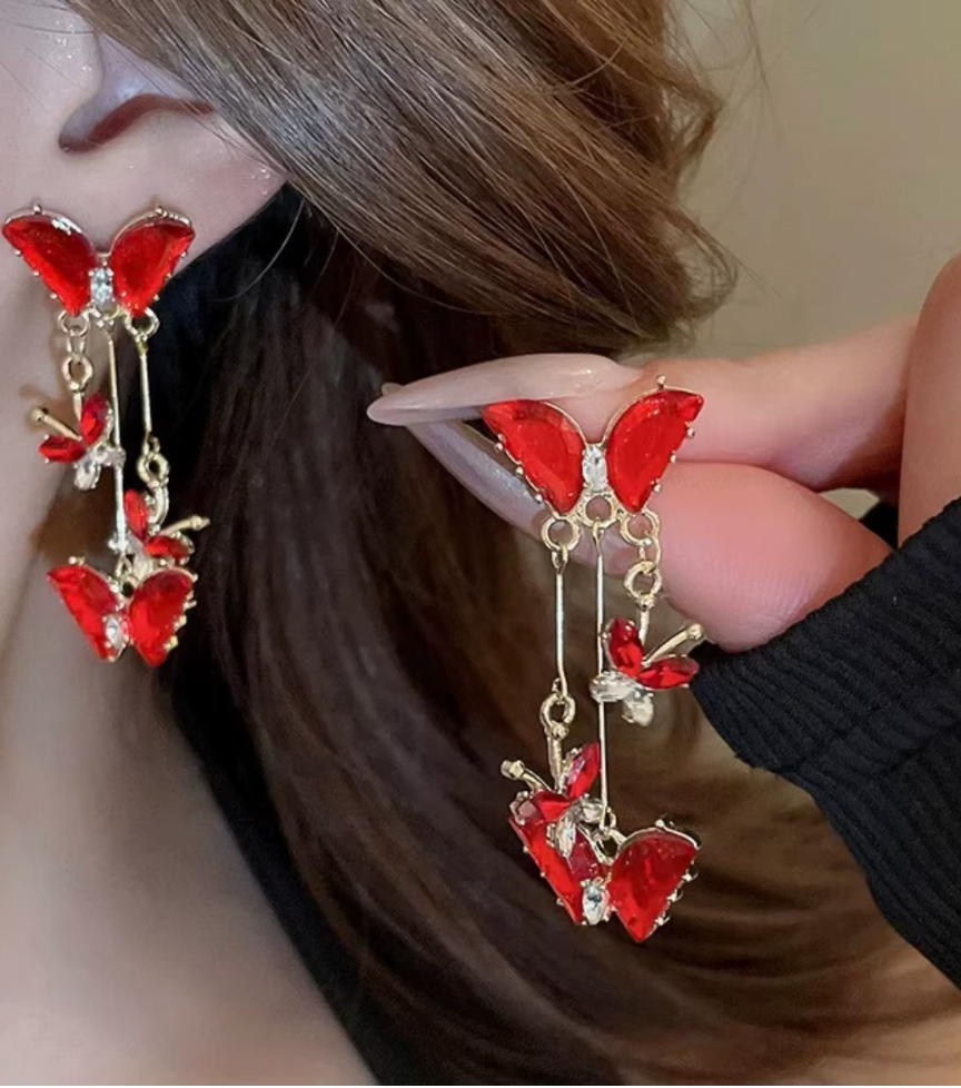 Elegant Red Long Butterfly Earrings