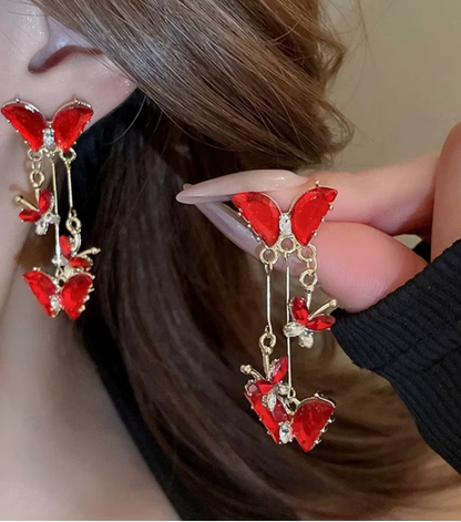 Elegant Red Long Butterfly Earrings