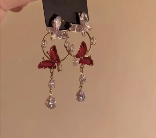 Elegant Red Long Butterfly Earrings