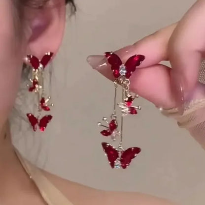 Elegant Red Long Butterfly Earrings