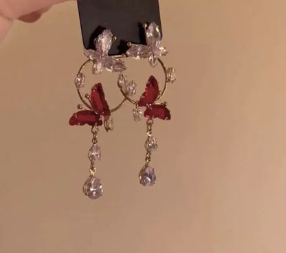 Elegant Red Long Butterfly Earrings